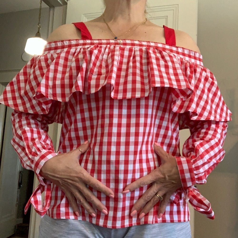 NWT Rampage red & white checked off‎ shoulder top